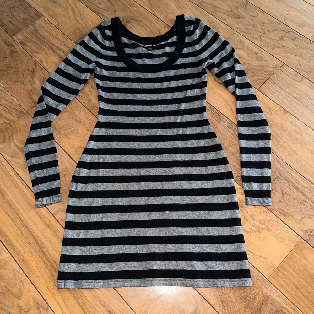 Express Black and Gray Striped Sweater Dress.